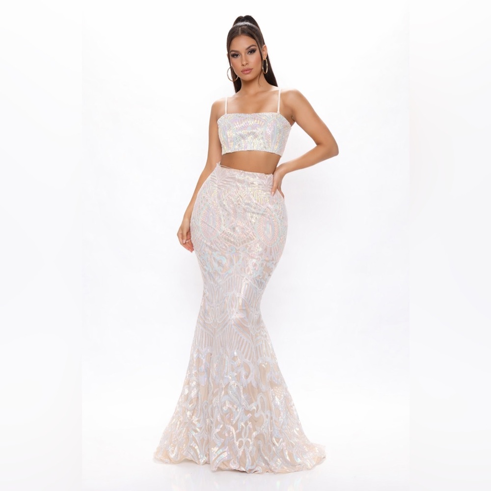 Fashion Nova Beige On That Shine Iridescent Sequin Skirt Set
